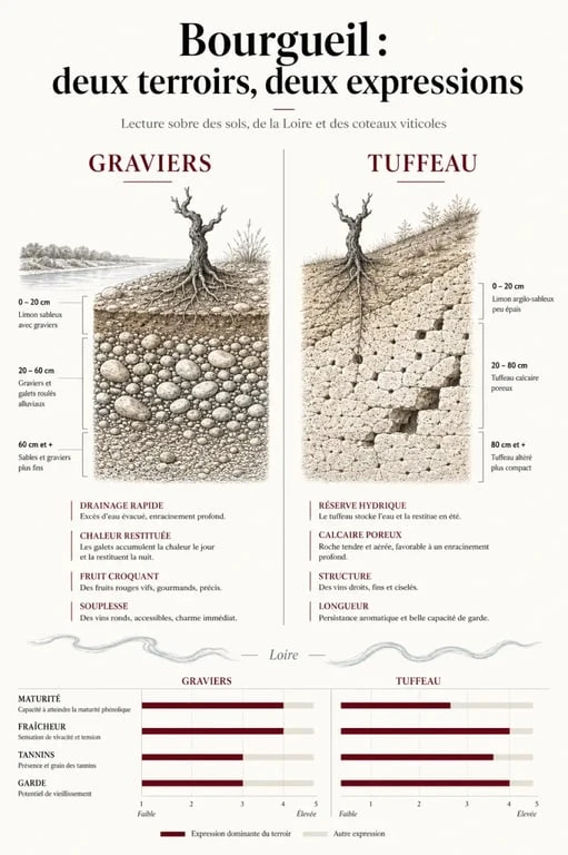 Visuel comparatif bourgueil vin des terroirs graviers et tuffeau