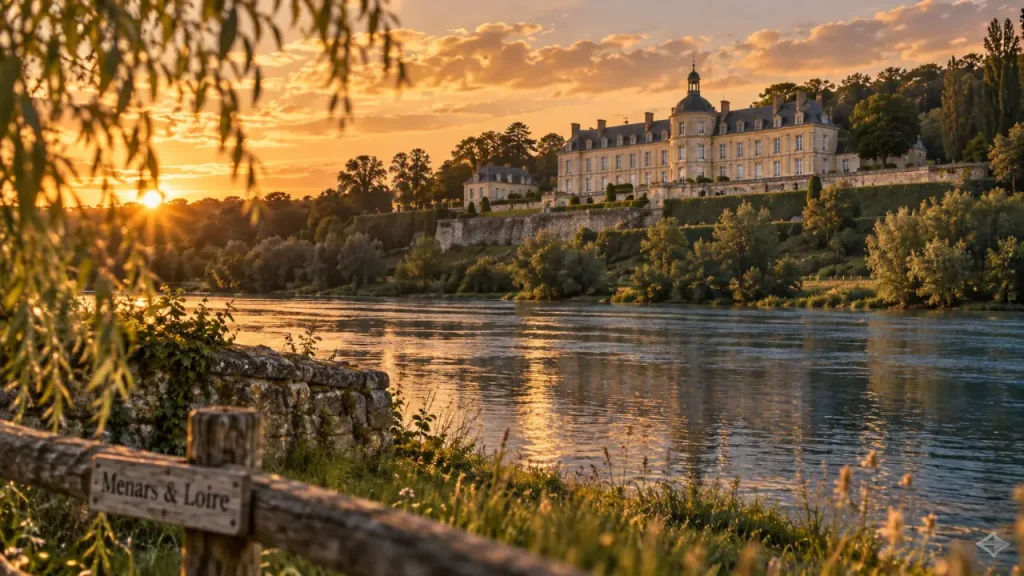 Chateau de ménars au coucher du soleil, vue Loire depuis la rive gauche