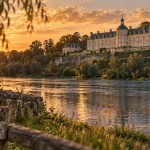 Chateau de ménars au coucher du soleil, vue Loire depuis la rive gauche