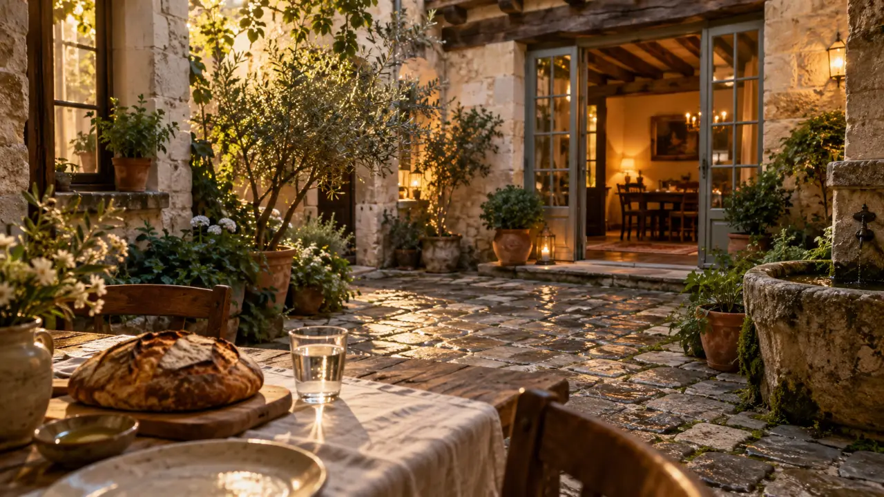 Cour pavée Atelier gourmand Tours restaurant, maison du XVe, table et pierre